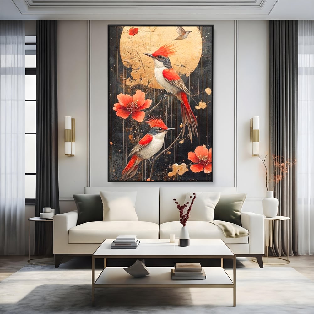Tablou canvas cu tablou canvas cu pasari si flori rosii, in rama de aluminiu negru, pe perete intr-un living